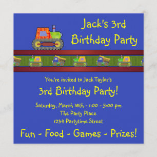 Blue Bulldozer 3rd Birthday Party Invitation