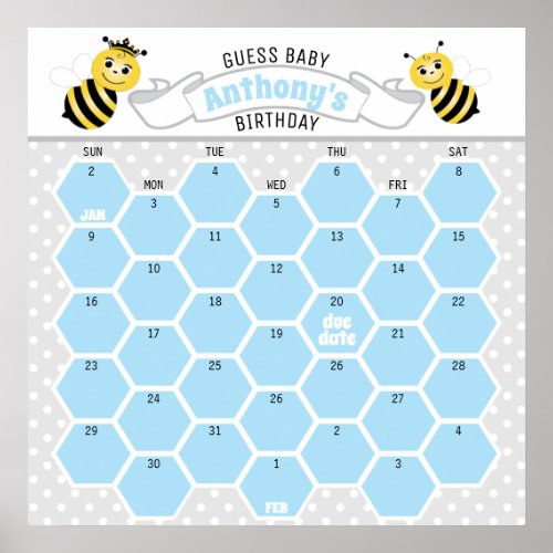 Blue Bumble Bee Baby Birthday Prediction Calendar Poster