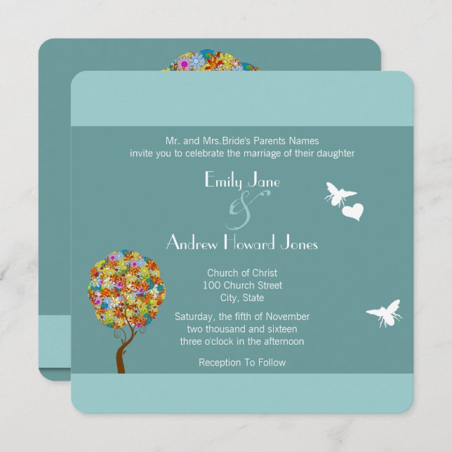 Blue Bumble Bee Forest Fairy Tale Wedding Invite (Front/Back)