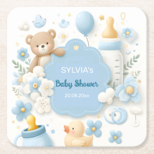 Blue Bundle Joy: Baby Boy Shower Square Paper Coaster