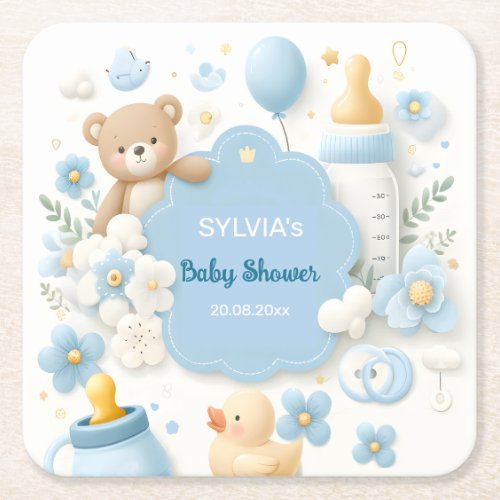Blue Bundle Joy Baby Boy Shower Square Paper Coaster