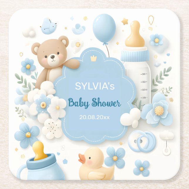 Blue Bundle Joy: Baby Boy Shower Square Paper Coaster (Front)