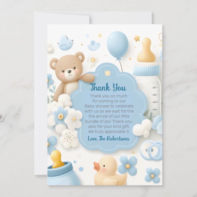 Blue Bundle Joy: Baby Boy Shower Thank You Card (Front)