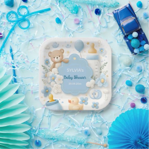 Blue Bundle Joy Teddy Bear Baby Boy Shower Paper Plates