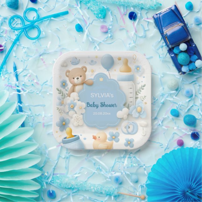 Blue Bundle Joy: Teddy Bear Baby Boy Shower Paper Plates (Party)