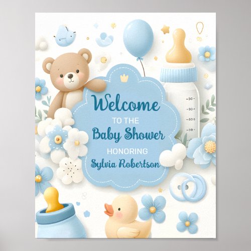 Blue Bundle JoyTeddy Bear Baby Boy Shower Welcome Poster