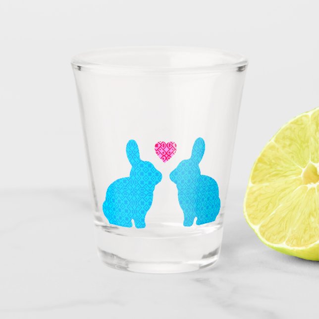 Blue Bunnies and Pink Heart Shot Glass (Front)