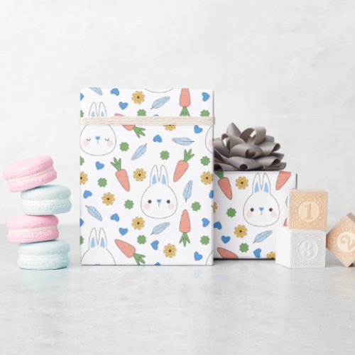 Blue Bunnies Carrots Spring Easter Pattern Wrapping Paper