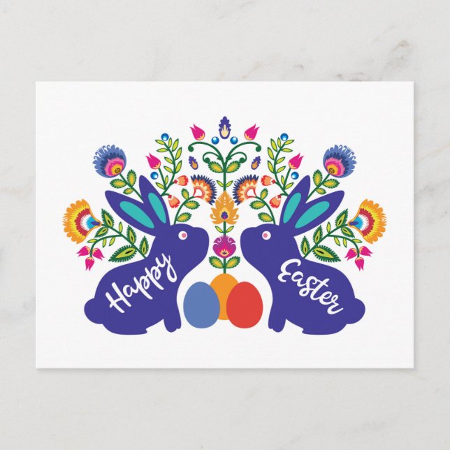 Blue 🐰 Bunnies with  Folklore Flowers Custom Text Postcard (Front)
