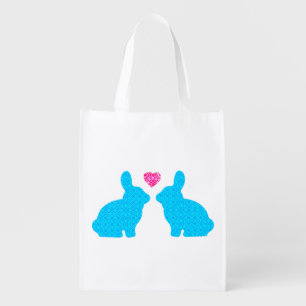 Blue Bunnies with Pink Heart Grocery Bag