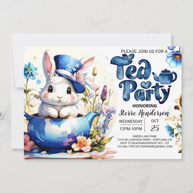Blue Bunny Bliss Tea Party Baby Shower Invitation (Front)