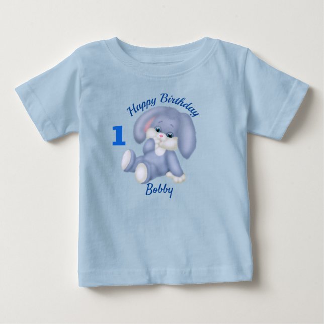 Blue Bunny Boys 1st Birthday Personalize Name Age Baby T-Shirt (Front)