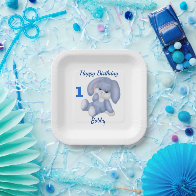 Blue Bunny Boys 1st Birthday Personalize Name Age Paper Plates (Party)