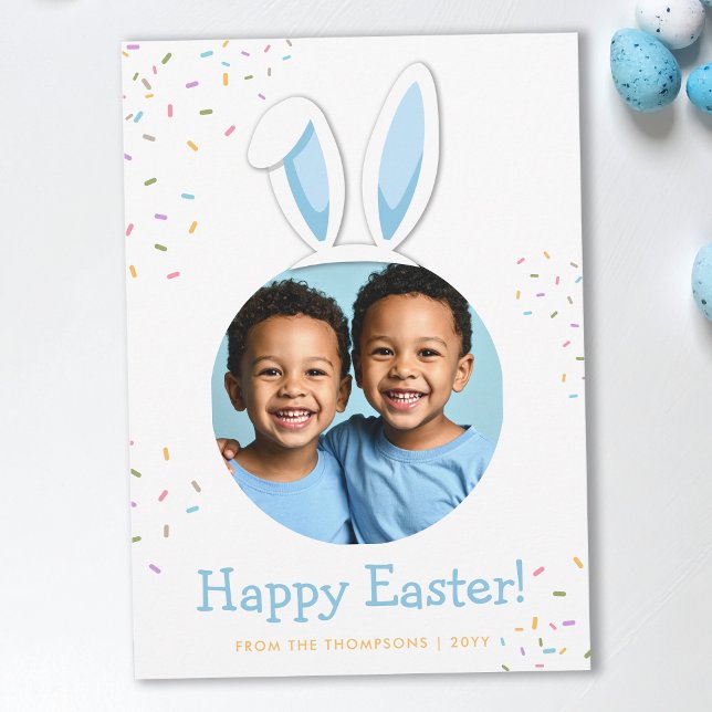 Blue Bunny Ears With Sprinkles Easter Photo Card (Creator Uploaded)