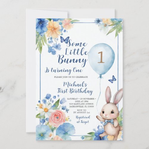 Blue Bunny Easter Birthday Colorful Floral Invitation