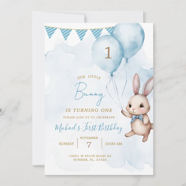 Blue Bunny Easter Birthday Party Invitation (Front)