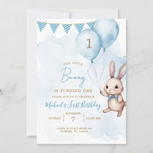 Blue Bunny Easter Birthday Party Invitation