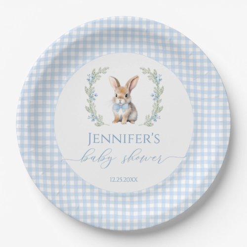 Blue bunny Easter rabbit gingham baby boy shower Paper Plates