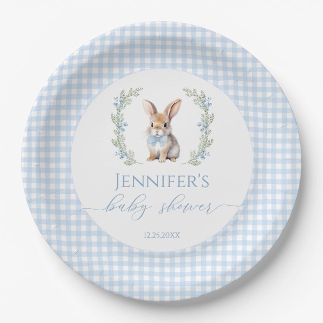 Blue bunny Easter rabbit gingham baby boy shower Paper Plates (Front)