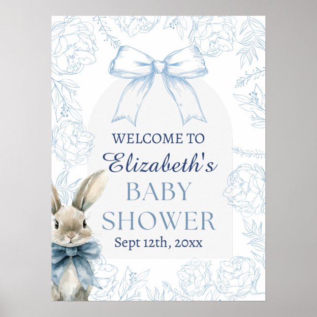 Blue Bunny Floral Baby Shower Welcome Sign (Front)