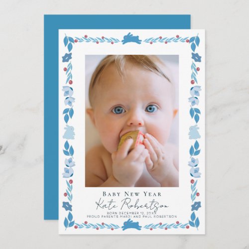 Blue Bunny Folk Art Baby New Year Photo Card