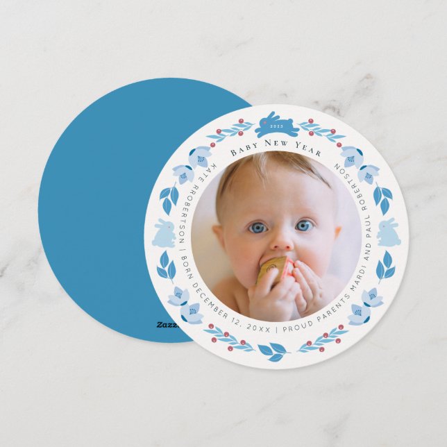 Blue Bunny Folk Art Baby New Year Photo Card (Front/Back)