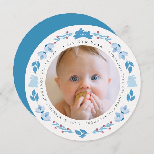 Blue Bunny Folk Art Baby New Year Photo Card