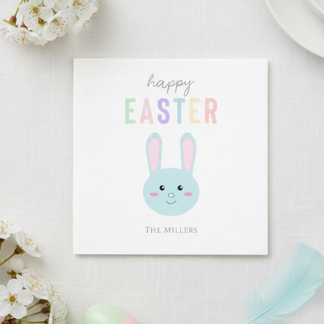 Blue Bunny Happy Easter Cute Kawaii Simple Napkins (Creator Uploaded)