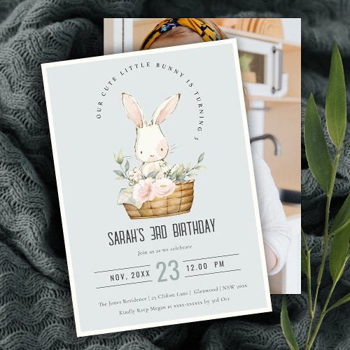 Blue Bunny In Floral Basket Kids Photo Birthday Invitation