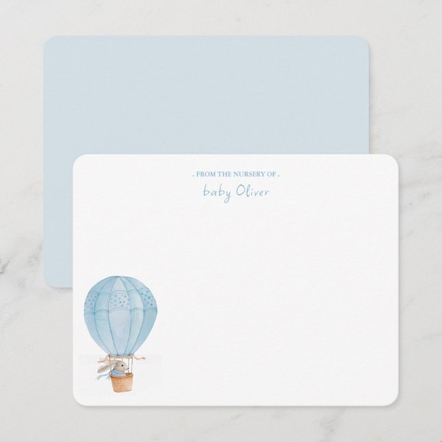 Blue Bunny in Hot Air Balloon Baby boy Thank You Card (Front/Back)