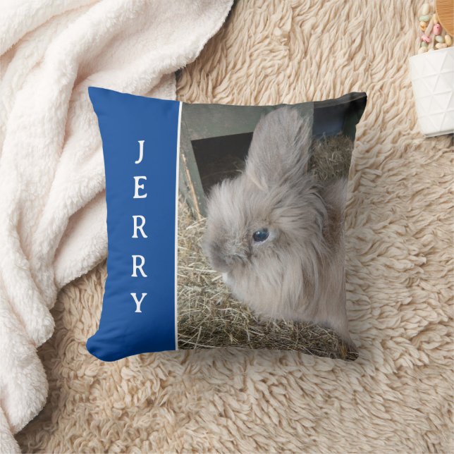 Blue Bunny Lover's Personalized Photo and Name Throw Pillow (Blanket)