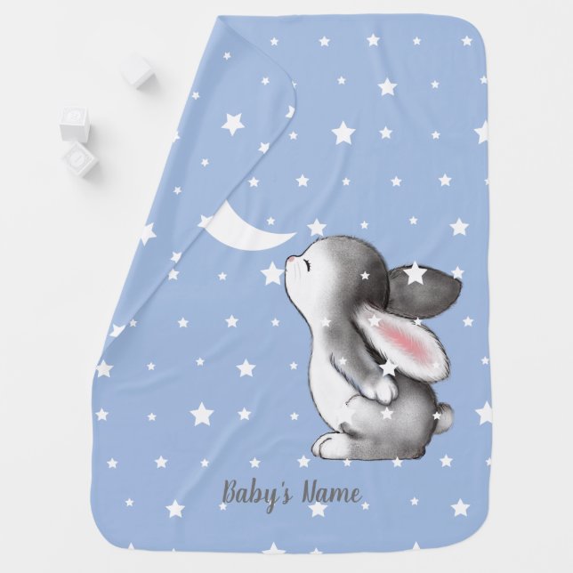 Blue Bunny Moon Stars Baby Blanket (In Situ)