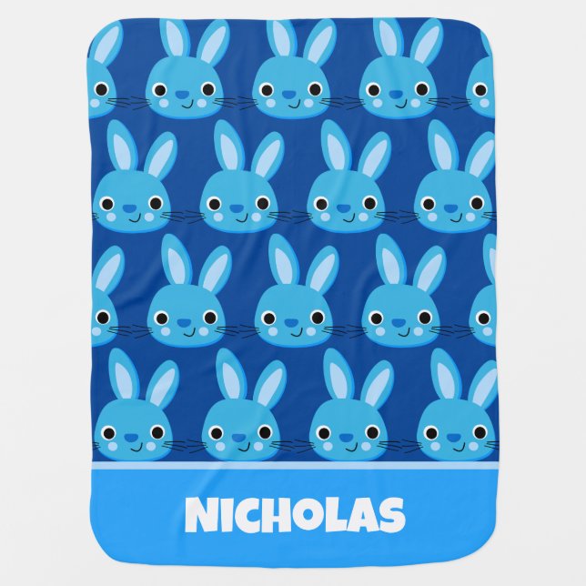 Blue Bunny Pattern Cute Name Baby Blanket (Front)
