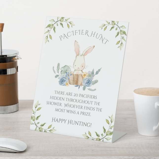 Blue Bunny Rabbit Baby Shower Game Pedestal Sign (In SItu)