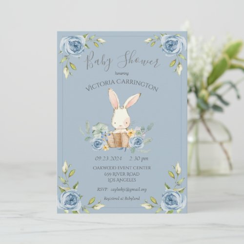 Blue Bunny Rabbit Boy Baby Shower Invitation