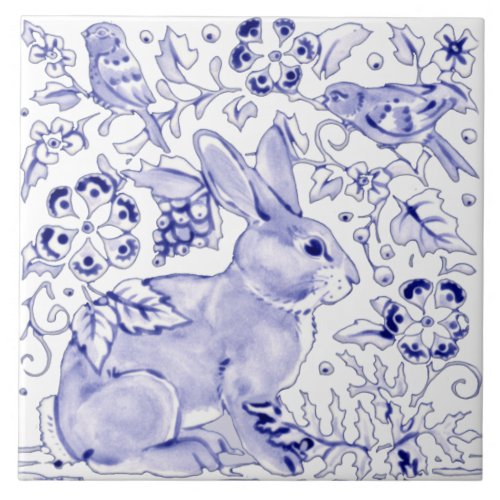 Blue Bunny Rabbit Farmhouse Delft Dedham Art Ceramic Tile