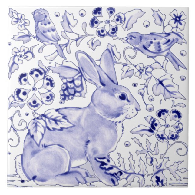 Blue Bunny Rabbit Farmhouse Delft Dedham Art Ceramic Tile (Front)