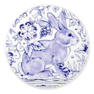 Blue Bunny Rabbit Floral Delft Dedham Ceramic Pull