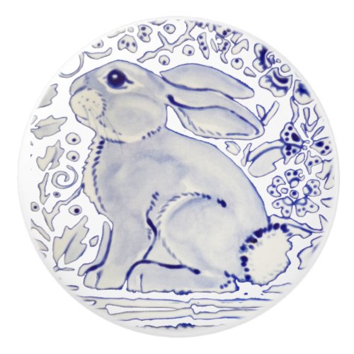 Blue Bunny Rabbit Floral Delft Dedham Ceramic Pull