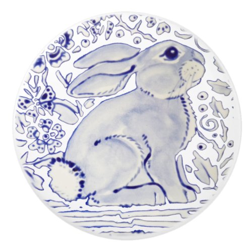 Blue Bunny Rabbit Floral Delft Dedham Ceramic Pull