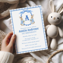 Blue Bunny Rabbit Gingham Monogram Crest Birthday