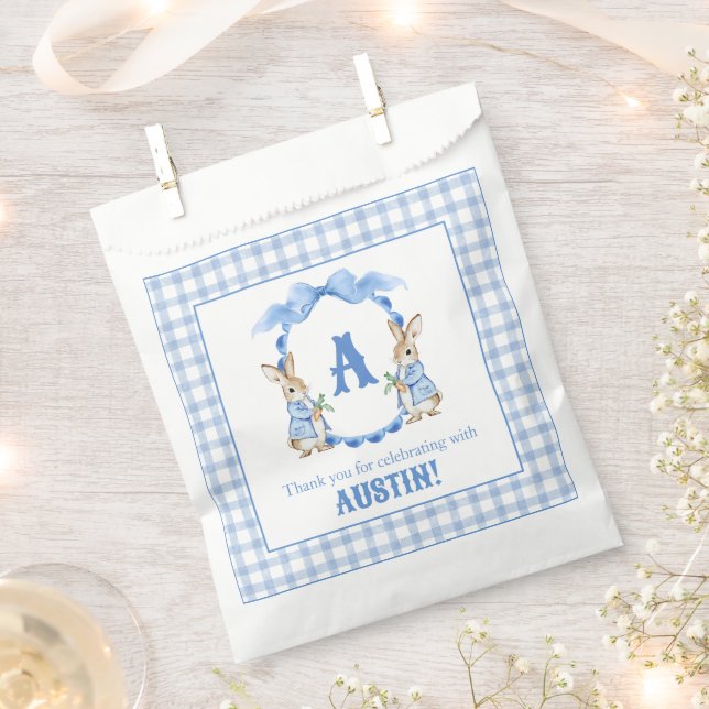 Blue Bunny Rabbit Gingham Monogram Crest Favor Bag (Clipped)