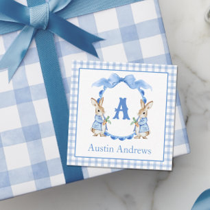 Blue Bunny Rabbit Gingham Monogram Crest Note Card