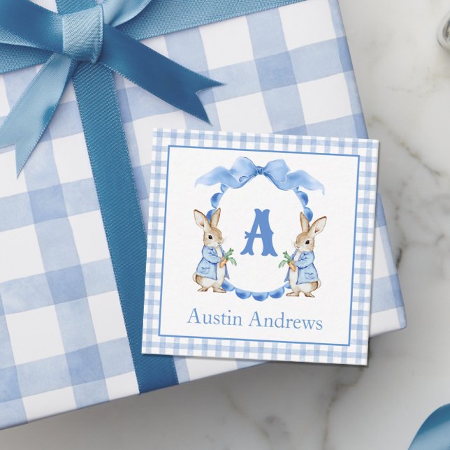 Blue Bunny Rabbit Gingham Monogram Crest Note Card (Creator Uploaded)