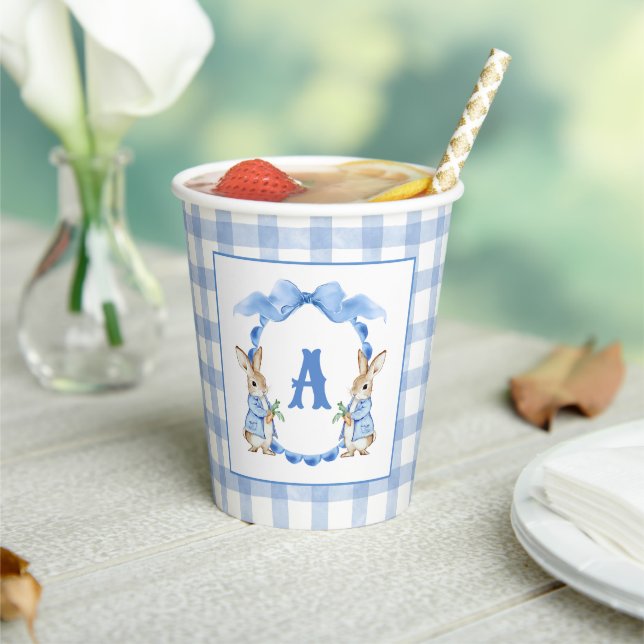 Blue Bunny Rabbit Gingham Monogram Crest Paper Cups (Insitu)