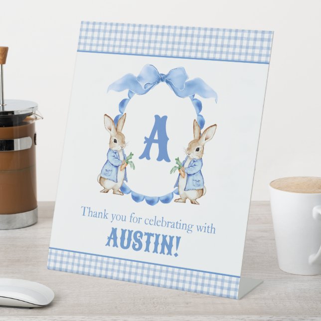 Blue Bunny Rabbit Gingham Monogram Crest Pedestal Sign (In SItu)