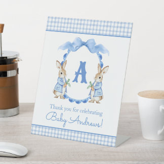 Blue Bunny Rabbit Gingham Monogram Crest Pedestal Sign