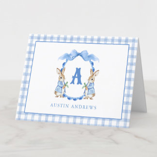 Blue Bunny Rabbit Gingham Monogram Crest Thank You Card