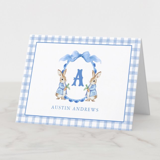 Blue Bunny Rabbit Gingham Monogram Crest Thank You Card (Creator Uploaded)