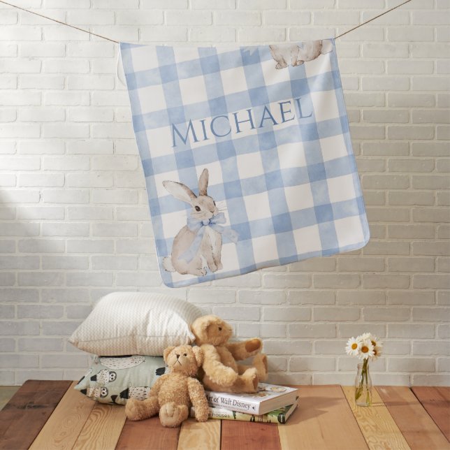 Blue Bunny Rabbit Gingham Personalized Baby Blanket (In Situ)